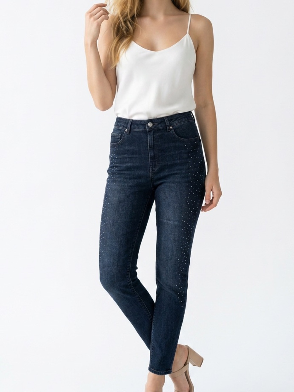 RM Rebecca Minkoff Jeans Women 10 Blue Excellent Studded High Rise Tapered Denim